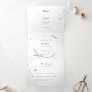 Invitation Trois Volets Aquarelle Lavande fleurs tout en un mariage