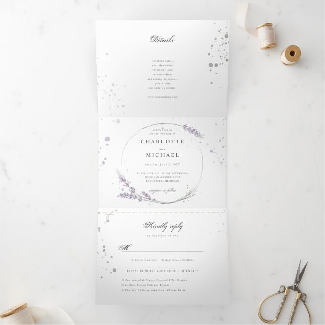 Invitation Trois Volets Aquarelle Lavande fleurs tout en un mariage (Intérieur)