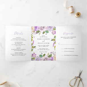 Invitation Trois Volets Aquarelle Lilac Floral Mariage élégant