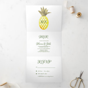 Invitation Trois Volets Aquarelle or Pinas Pinas Mariage tropique