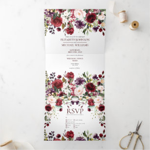 Invitation Trois Volets Aquarelle romantique Bourgogne Mariage Floral Tri-