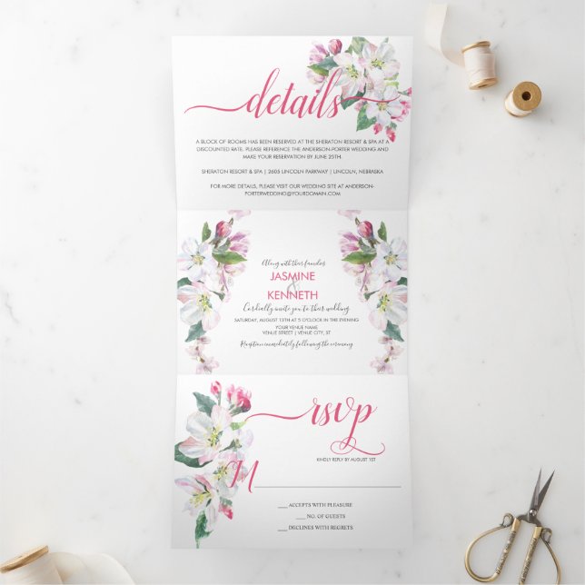 Invitation Trois Volets Aquarelle rose et blanc Mariage de fleurs de pomme (Intérieur)