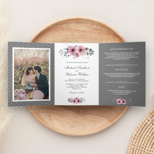 Invitation Trois Volets Aquarelle rose et gris Mariage de photos florales