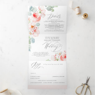 Invitation Trois Volets Aquarelle rose pâle douce Fleurs Mariage élégant