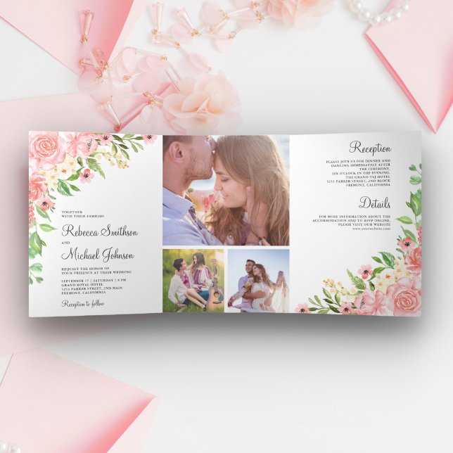 Invitation Trois Volets Aquarelle rose pâle Floral Photo Collage Mariage (Créateur téléchargé)