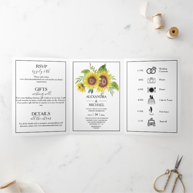 Invitation Trois Volets Aquarelle rustique Mariage de automne de tournesol (Intérieur)