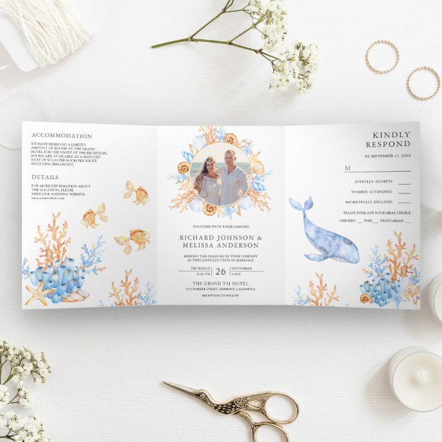 Invitation Trois Volets Aquarelle sous la mer Mariage de thème nautique (Créateur téléchargé)