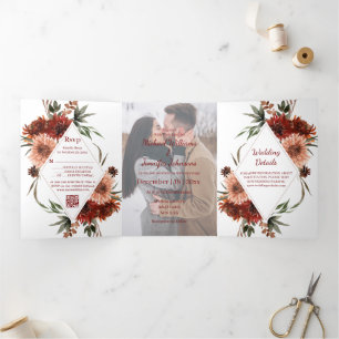 Invitation Trois Volets aquarelle Terracotta Fall brown photo mariage