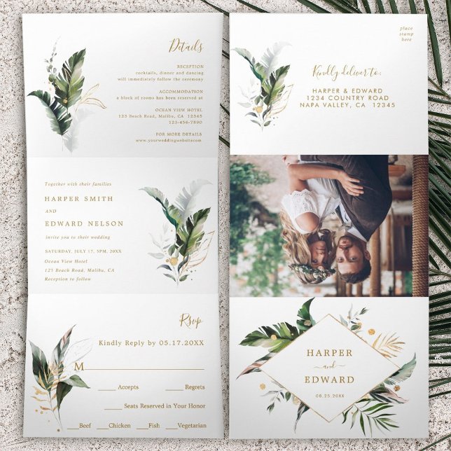 Invitation Trois Volets Aquarelle tropicale Feuille Mariage or (Inside & Outside)