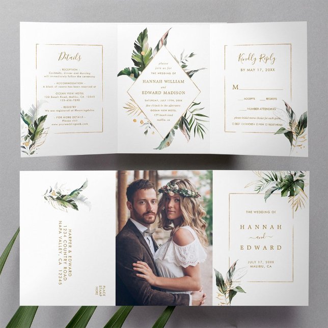 Invitation Trois Volets Aquarelle Tropicale Mariage de cadre Or Foliage (Inside & Outside)