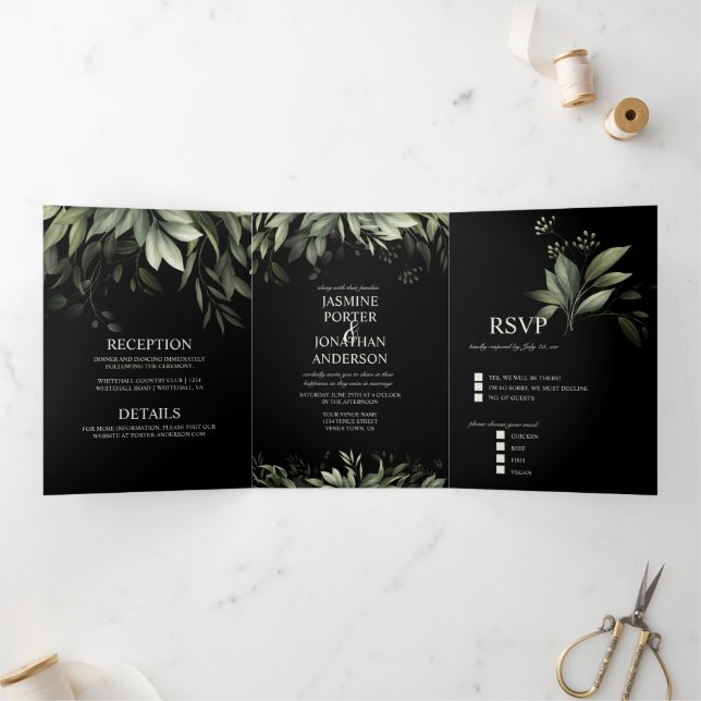 Invitation Trois Volets Aquarelle Verdure Feuille Foliage Mariage Noir (Intérieur)