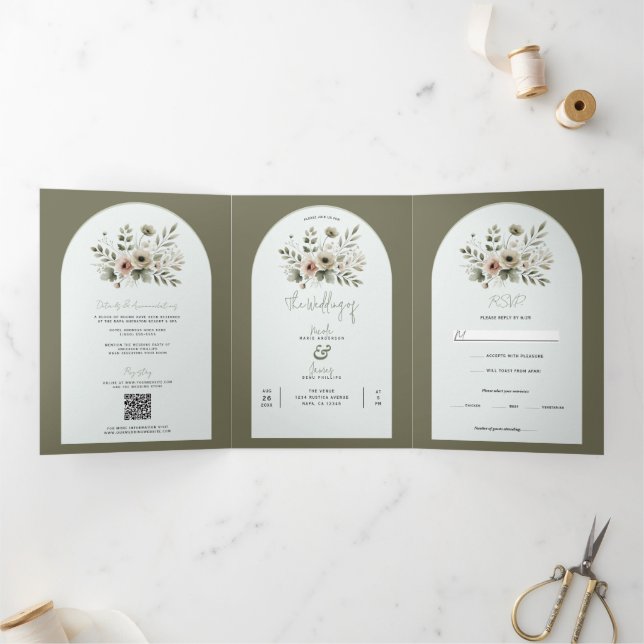 Invitation Trois Volets Aquarelle vert d'olive kaki Mariage de fleurs (Intérieur)