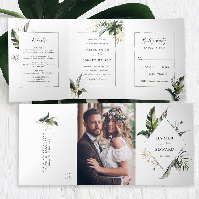 Invitation Trois Volets Aquarelle verte tropicale Feuilles Mariage Tri-Fol (Inside & Outside)