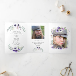 Invitation Trois Volets Aquarelle violet poussiéreuse Floral Quinceañera