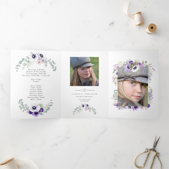 Invitation Trois Volets Aquarelle violet poussiéreuse Floral Quinceañera (Intérieur)
