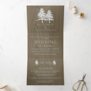 Invitation Trois Volets Arbres blancs gaufrés sur sépia mariage d'hiver