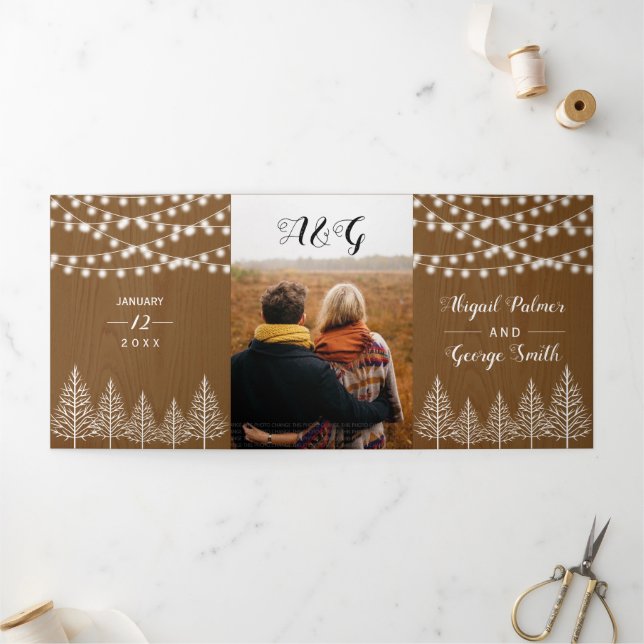 Invitation Trois Volets Arbres et lumières bois brun rustique mariage d'hi (Extérieur)