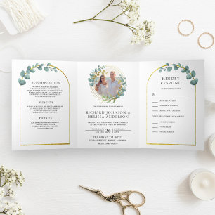 Invitation Trois Volets Arche d'or Rustique Eucalyptus Photo Mariage de co