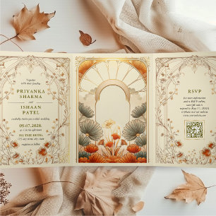 Invitation Trois Volets Art Nouveau Floral unique QR Code tout en un