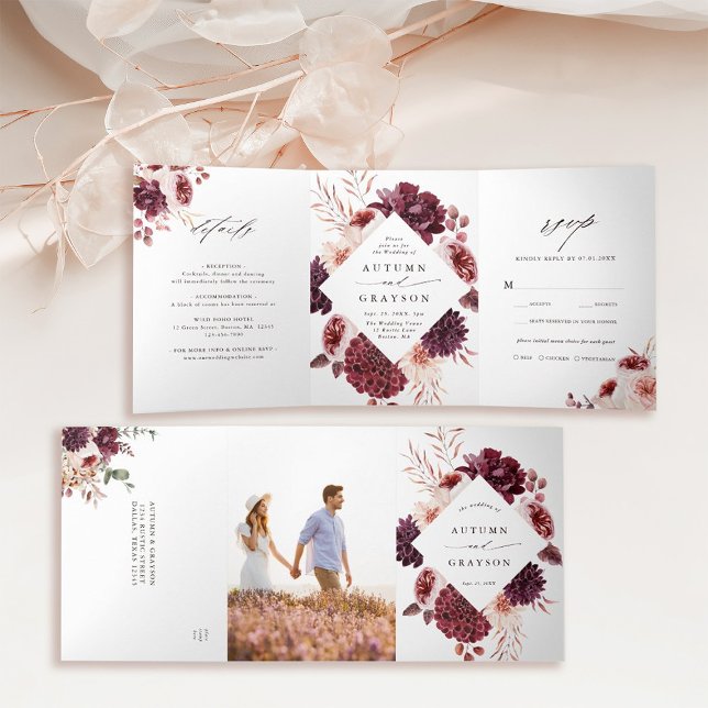 Invitation Trois Volets Automne Romance Aquarelle Mariage Floral (Inside & Outside)