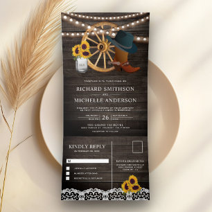 Invitation Trois Volets Barre Rustique Bois Tournesols Cowboy Western Mari
