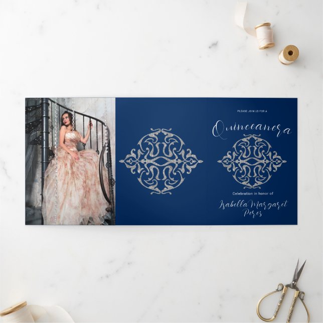 Invitation Trois Volets Belle Parties scintillant Quinceanera (Extérieur)