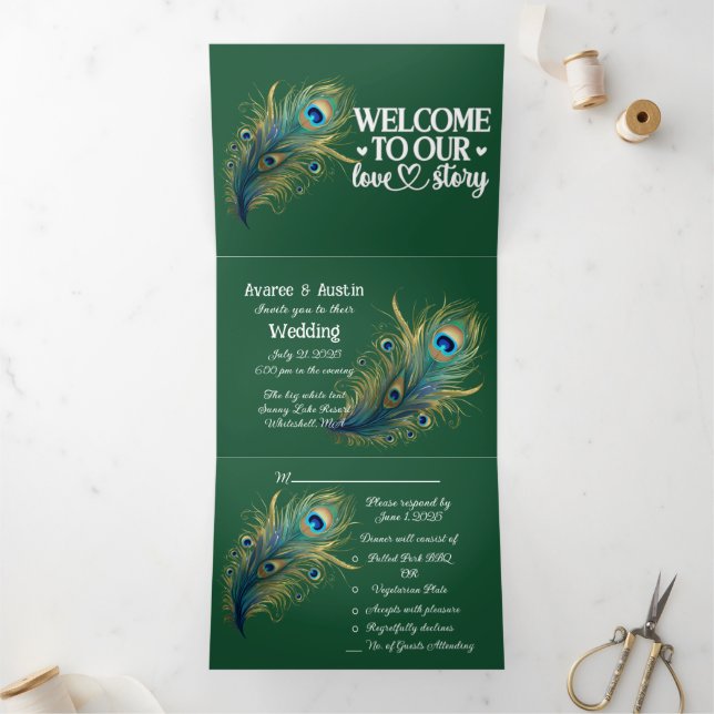 Invitation Trois Volets Bienvenue dans notre histoire d'amour Peacock Dark (Intérieur)