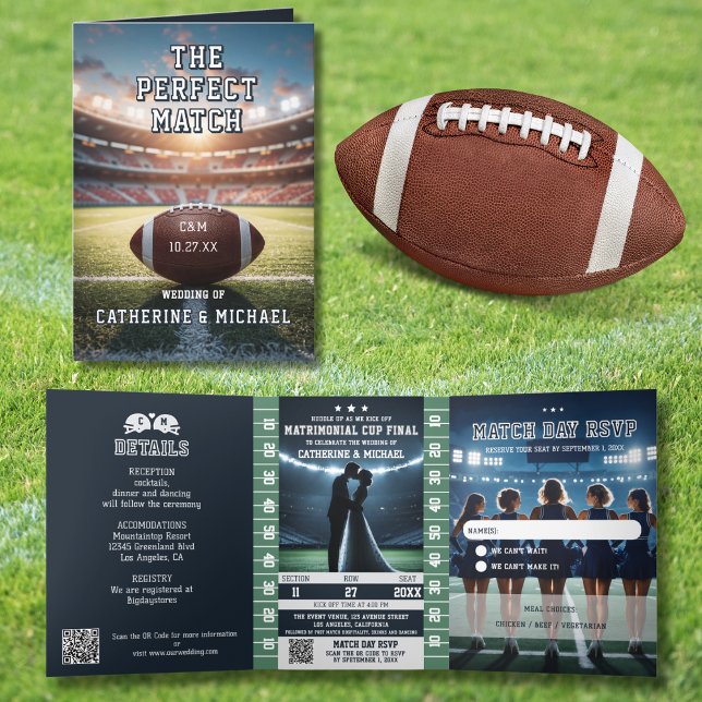 Invitation Trois Volets Billet de match de football QR Code Mariage avec R (Front view stadium romance championship theme layout football wedding trifold invitation card
)
