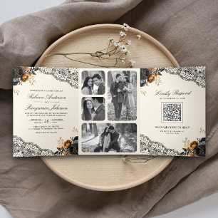 Invitation Trois Volets Black Gold Roses dentelle crème gothique QR Code M