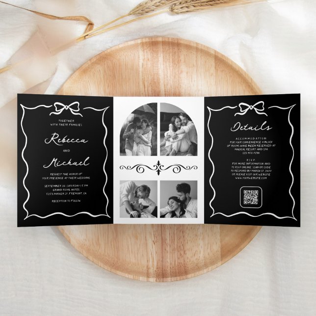 Invitation Trois Volets Black Hand Drawn White Bow QR Code Photo Wedding (Créateur téléchargé)