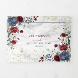 Invitation Trois Volets Bleu clair Bourgogne Mariage floral