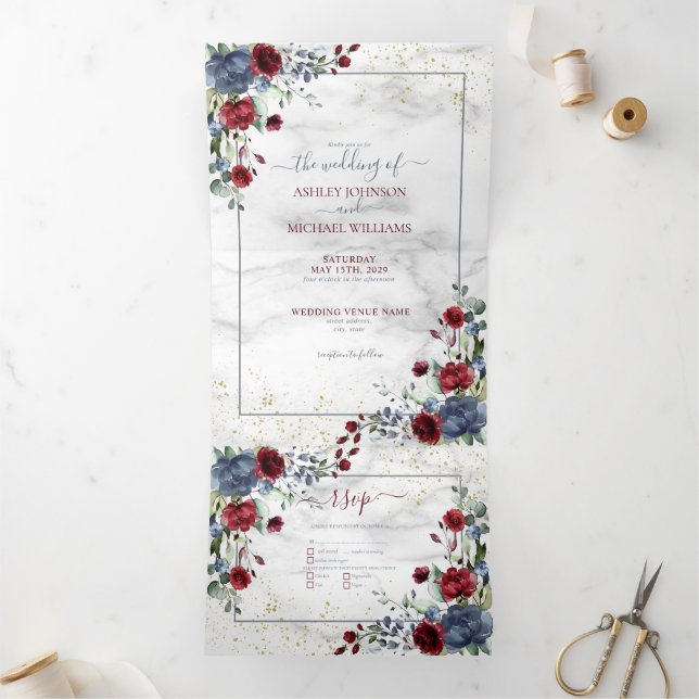 Invitation Trois Volets Bleu clair Bourgogne Mariage floral (Intérieur)