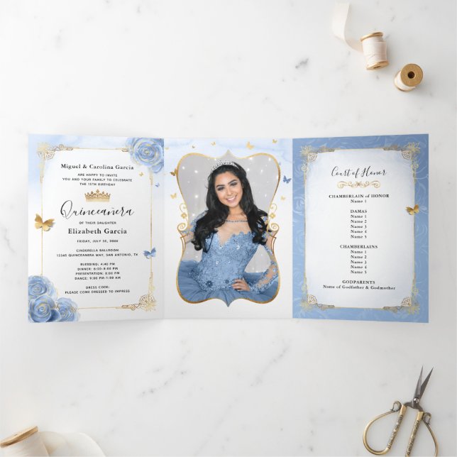Invitation Trois Volets Bleu clair et or élégant espagnol photo coing (Intérieur)