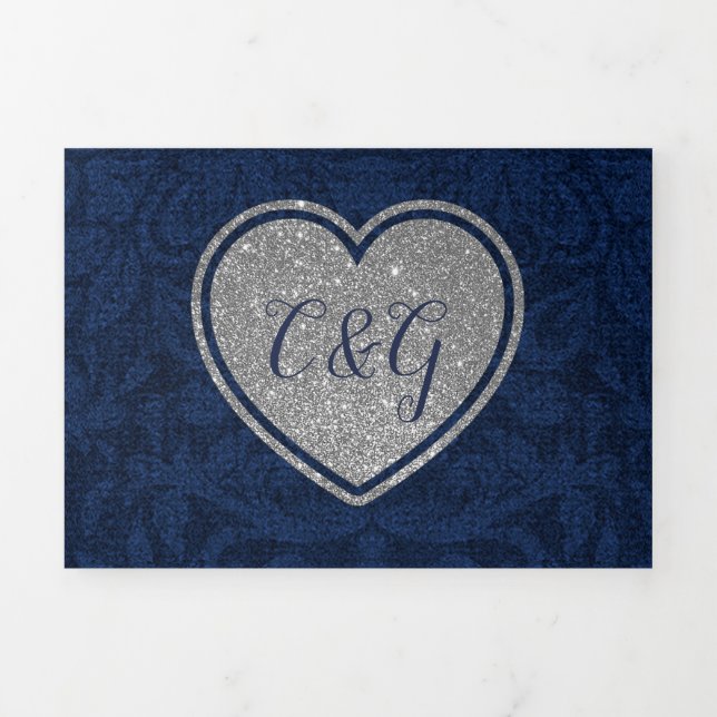 Invitation Trois Volets Bleu Damas Coeur d'argent tout en un Mariage (Page de couverture)