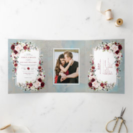 Invitation Trois Volets Bleu Dusty Burgundy Blush Floral Photo