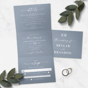 Invitation Trois Volets Bleu Dusty Minimaliste Tout en un photo Mariage
