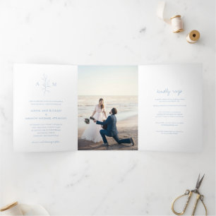 Invitation Trois Volets Bleu Dusty propre photo Botanique Mariage élégant