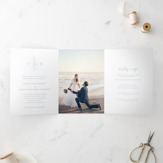 Invitation Trois Volets Bleu Dusty propre photo Botanique Mariage élégant (Intérieur)