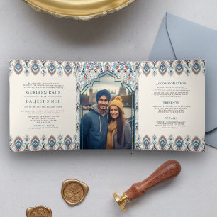 Invitation Trois Volets Bleu Gris Ikat Combinaison Anand Karaj Mariage Sik