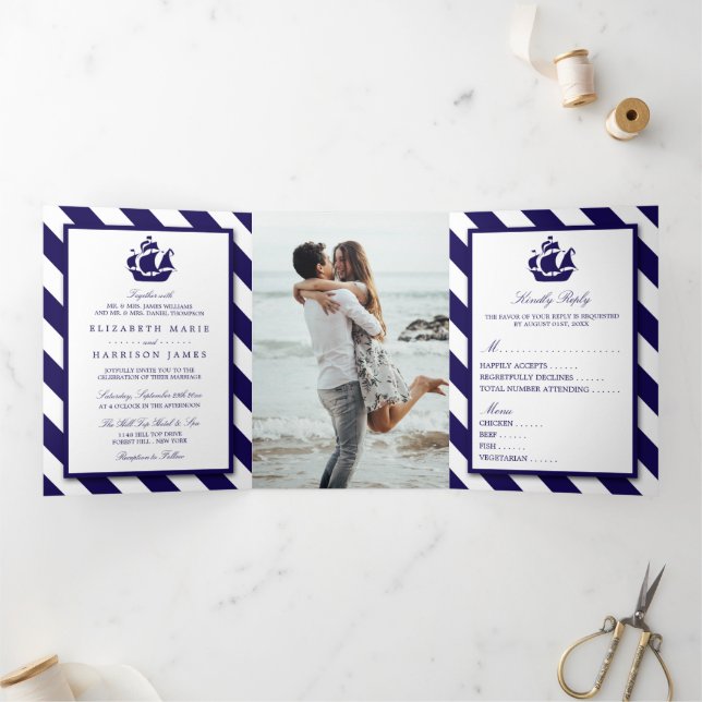 Invitation Trois Volets Bleu Mariage de navire de marine (Intérieur)