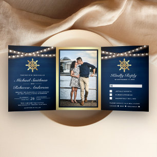 Invitation Trois Volets Bleu marine bois nautique roue de mariage or