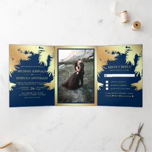 Invitation Trois Volets Bleu marine et feuilles de palmier en feuille d'or