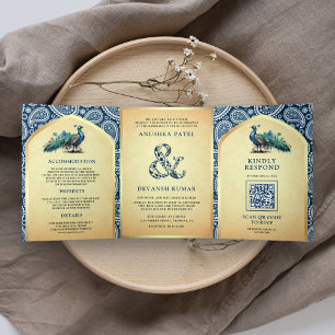 Invitation Trois Volets Bleu marine Paisley Paon indien Code QR Mariage