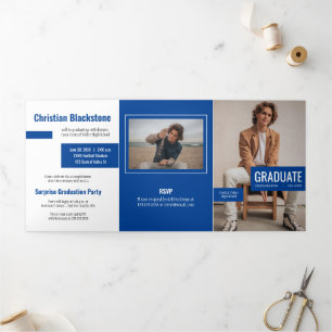Invitation Trois Volets Blocs de Blue Quatre-Photo Graduation