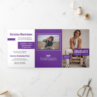 Invitation Trois Volets Blocs de pourpre Quatre-Photo Graduation