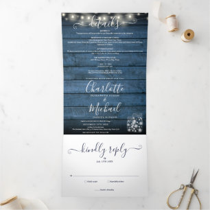 Invitation Trois Volets Blue Rustic String Lumières Mason Jars Mariage pho