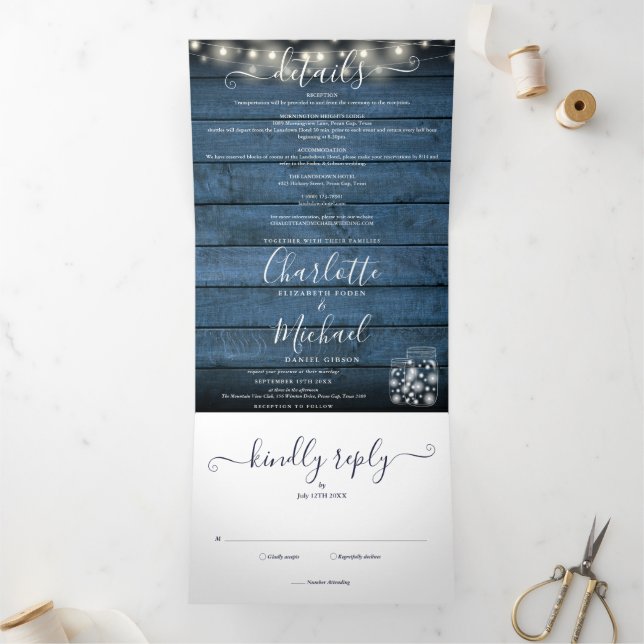 Invitation Trois Volets Blue Rustic String Lumières Mason Jars Mariage pho (Intérieur)
