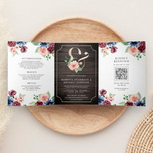 Invitation Trois Volets Blush Navy Bourgogne Floral Wood QR Code Mariage