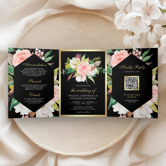 Invitation Trois Volets Blush Pink Floral Gold QR Code Black Wedding (Créateur téléchargé)