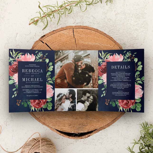 Invitation Trois Volets Blush rose Bourgogne Floral Mariage bleu marine (Créateur téléchargé)